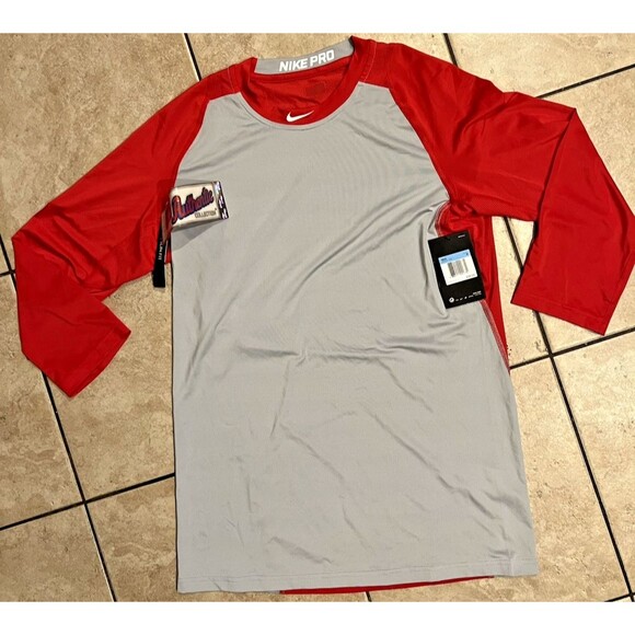 Nike Shirt Mens M MLB Pro 3/4 Sleeve Baseball Red Dri Fit Slim Fit Authentic NWT - Picture 1 of 12